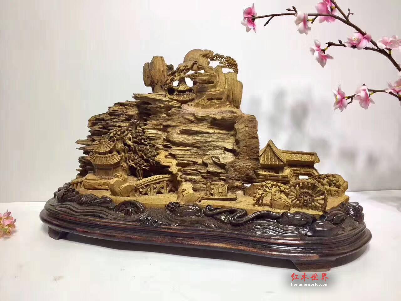 马来西亚沉香手工雕刻《小桥流水》摆件 精美艺术品收藏价值高-1