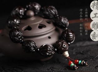 正宗千年乌木手工雕刻貔貅单圈佛珠手串