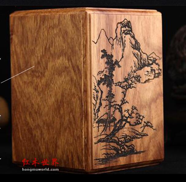 花梨木方笔筒 雕刻中国水墨山水画红木笔筒-2