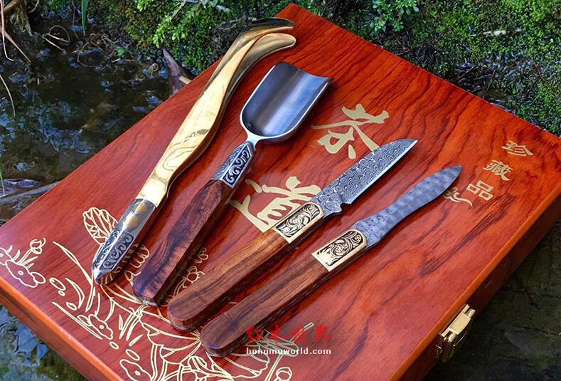 海南黄花梨茶道 精选四件套 大马士革钢纹理细腻 手机实拍-1