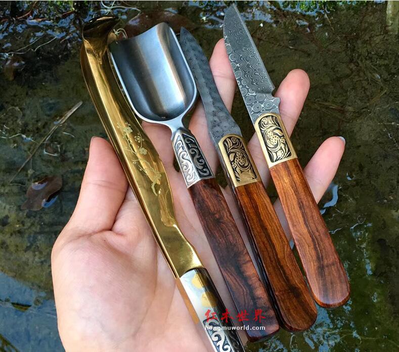 海南黄花梨茶道 精选四件套 大马士革钢纹理细腻 手机实拍-3