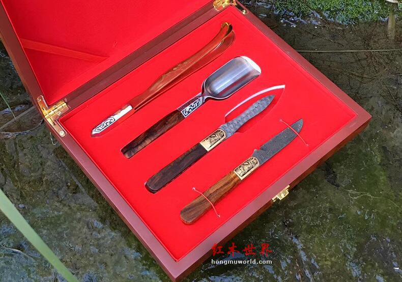 海南黄花梨茶道 精选四件套 大马士革钢纹理细腻 手机实拍-9