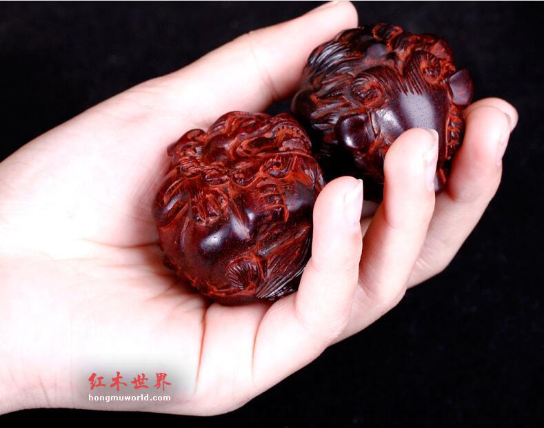 印度小叶紫檀保健球 雕刻貔貅手把件 招财转运文玩品-8