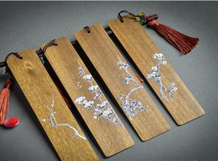 花卉彩绘金丝楠木红木书签四件套