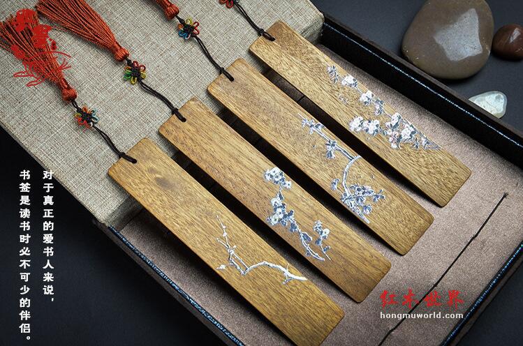 花卉彩绘金丝楠木红木书签四件套-2