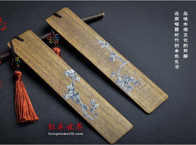 花卉彩绘金丝楠木红木书签四件套-7