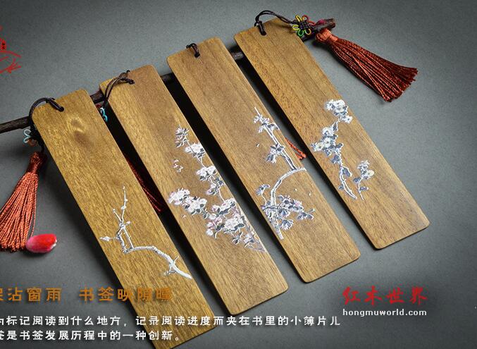 花卉彩绘金丝楠木红木书签四件套-9