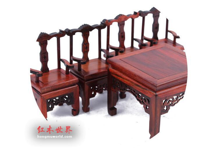 红木工艺品 红酸枝微型家具 红酸枝翘角桌椅-2