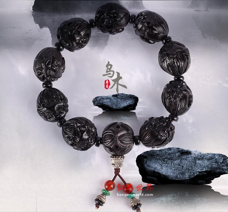 正宗千年乌木手工雕刻貔貅单圈佛珠手串-1