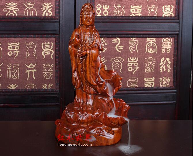 花梨木雕站莲观音倒流香炉工艺礼品 创意家居装饰品木雕摆件-4