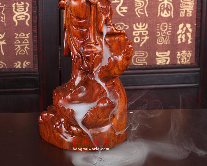 花梨木雕站莲观音倒流香炉工艺礼品 创意家居装饰品木雕摆件-7