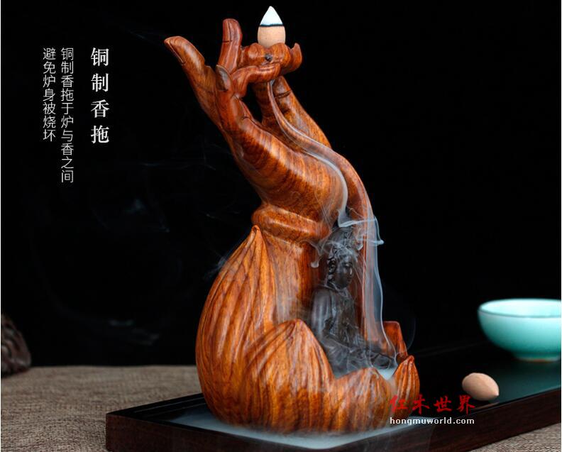 木雕佛手观音倒流香炉创意摆件木质工艺品茶道居家熏香炉-2