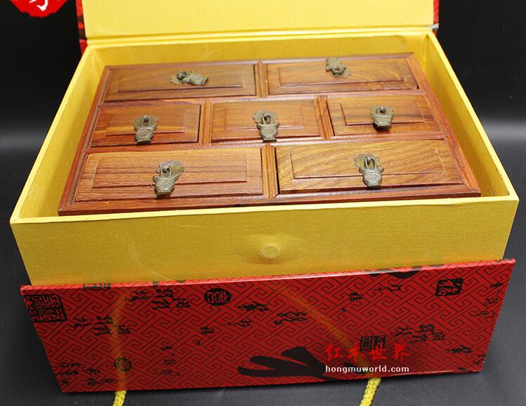 红檀木复古首饰盒 七抽小药箱 做工精美-6