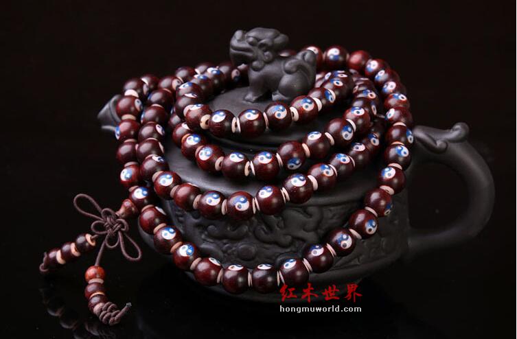印度小叶紫檀 8mm*108颗手链 镶嵌牛骨太极八卦-3