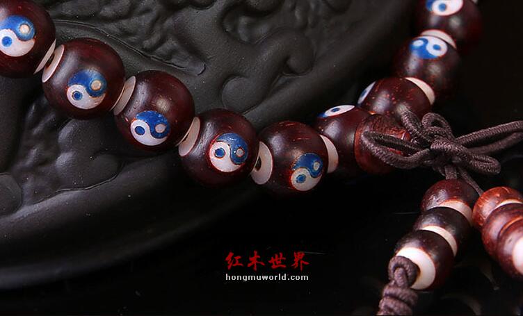 印度小叶紫檀 8mm*108颗手链 镶嵌牛骨太极八卦-4