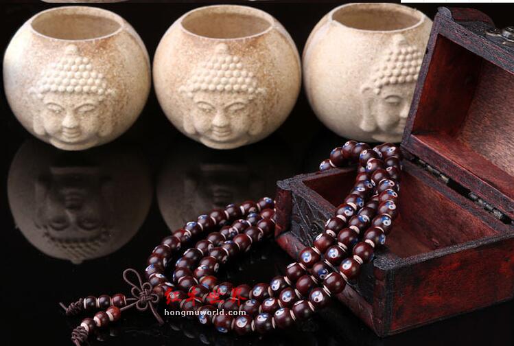 印度小叶紫檀 8mm*108颗手链 镶嵌牛骨太极八卦-5