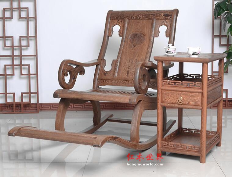 红木家具 鸡翅木摇椅 躺椅 实木仿古中式休闲椅+小茶几-1