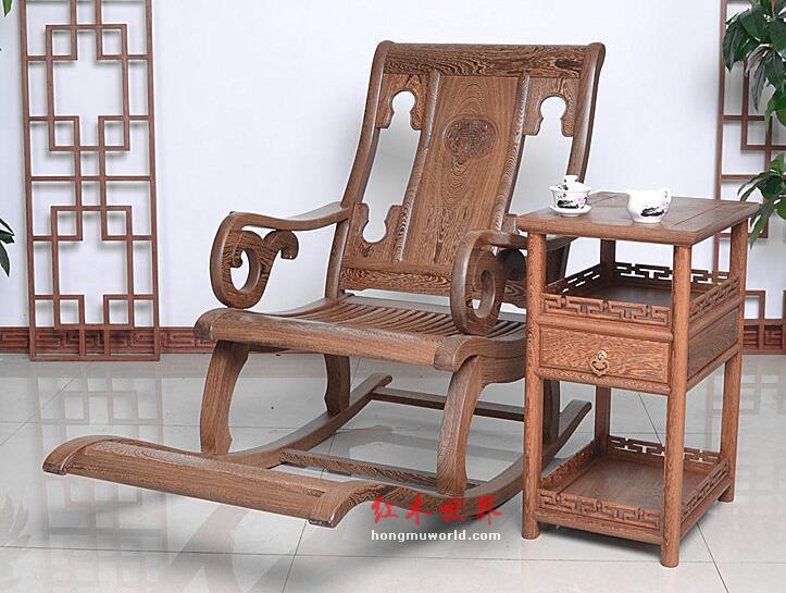 红木家具 鸡翅木摇椅 躺椅 实木仿古中式休闲椅+小茶几-5