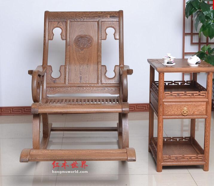 红木家具 鸡翅木摇椅 躺椅 实木仿古中式休闲椅+小茶几-4