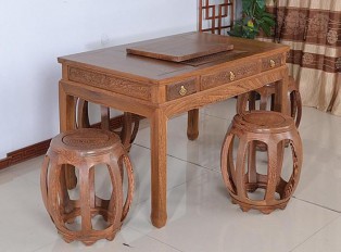 红木家具鸡翅木茶桌椅组合实木中式泡茶桌功夫茶几桌子圆鼓凳