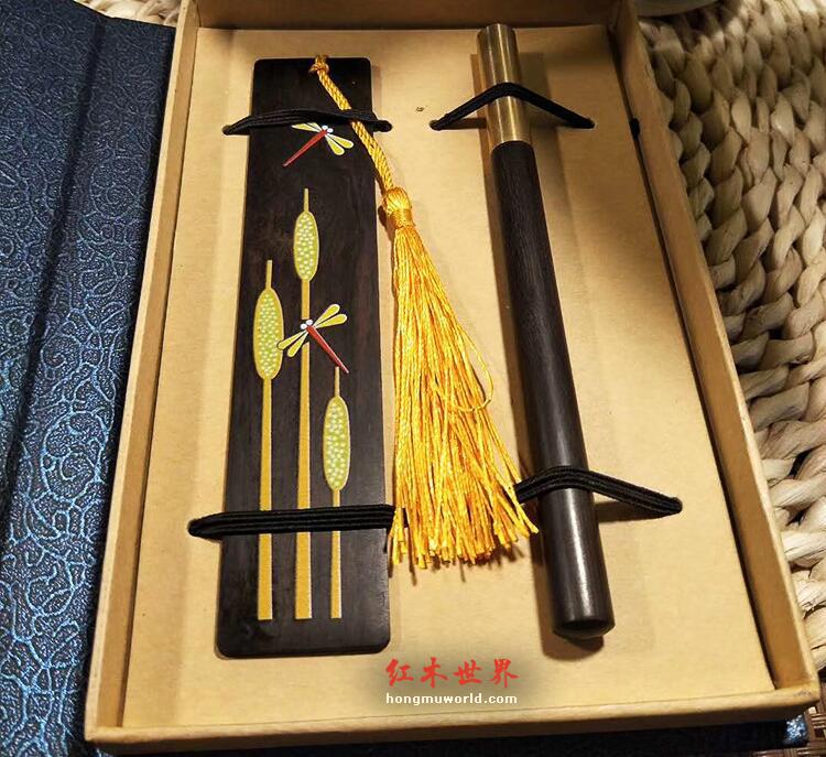 游蜓戏苇系列 黑檀书签笔套装 紫光檀游蜓戏苇彩绘 书签礼盒包装-1