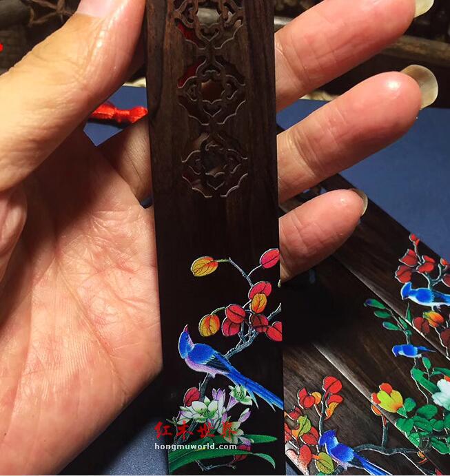 非洲黑檀木书签 紫光檀实木雕刻镂空书签中国风 彩绘鸟语花香系列-6