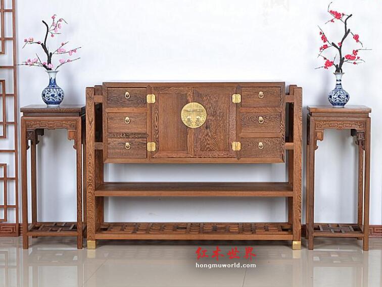 红木家具 非洲鸡翅木玄关柜花架三件套-1