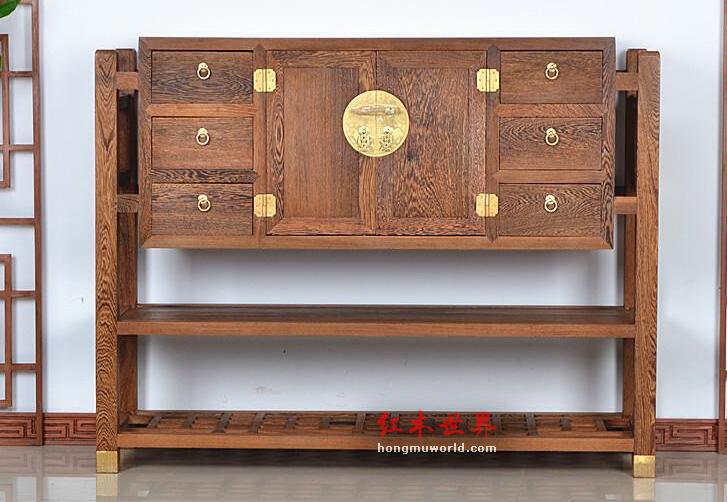 红木家具 非洲鸡翅木玄关柜花架三件套-3