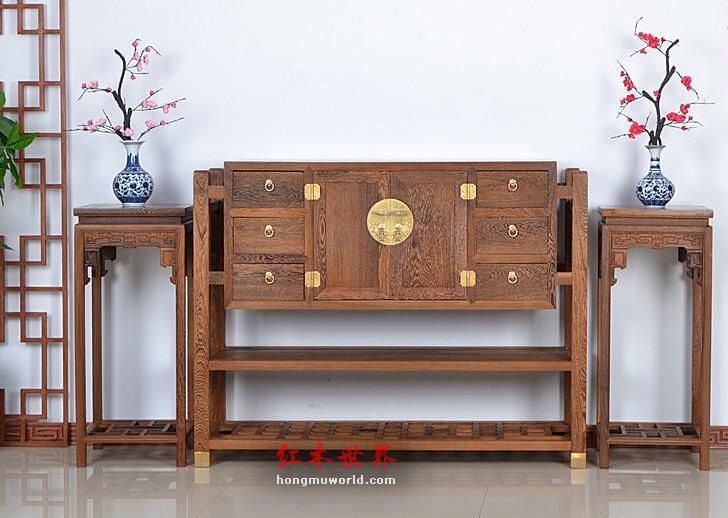 红木家具 非洲鸡翅木玄关柜花架三件套-4