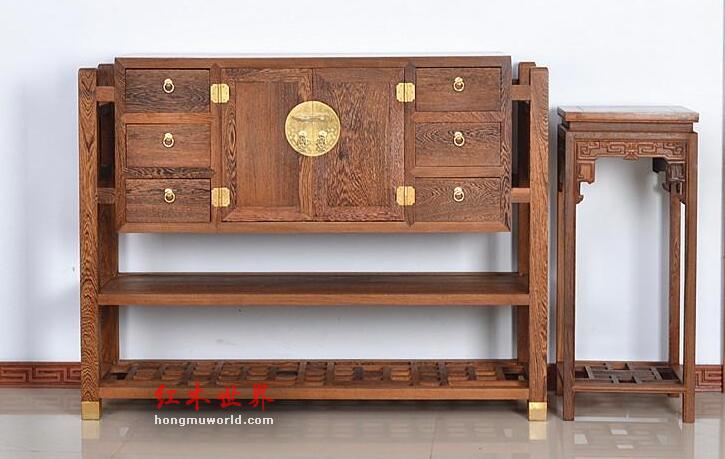 红木家具 非洲鸡翅木玄关柜花架三件套-2
