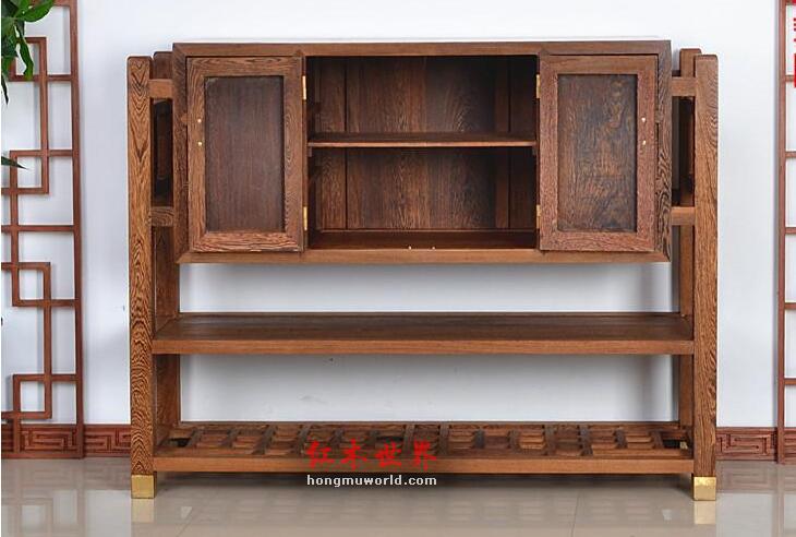 红木家具 非洲鸡翅木玄关柜花架三件套-7