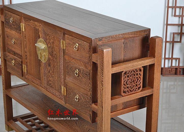 红木家具 非洲鸡翅木玄关柜花架三件套-5