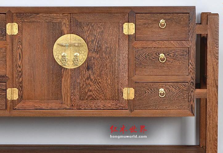 红木家具 非洲鸡翅木玄关柜花架三件套-6