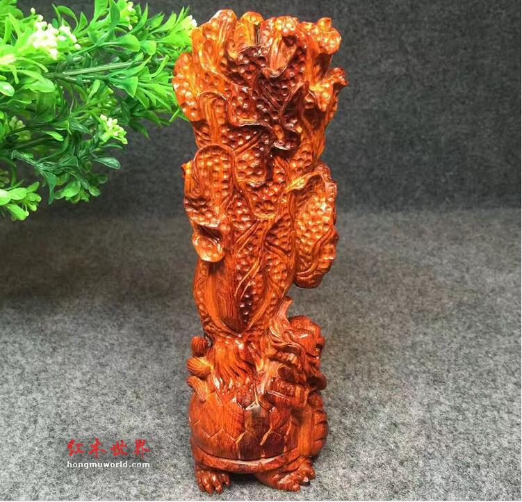 印度小叶紫檀百财归来摆件 鸡血红鱼鳞底泥料精雕龙龟白菜-1